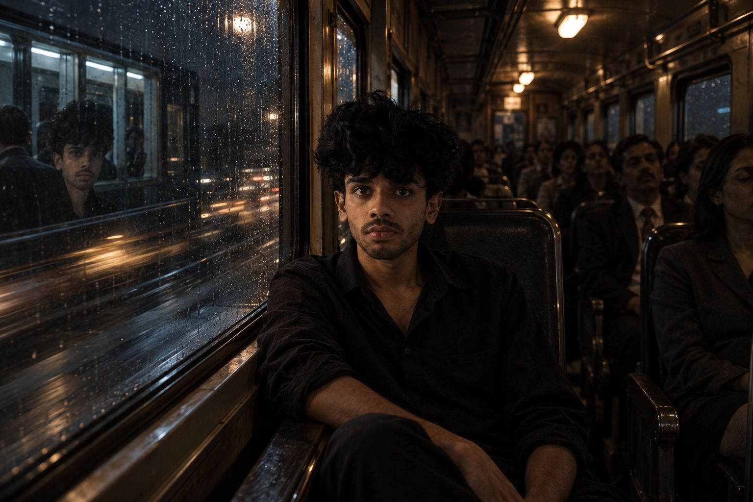 Harshith sitting in a night train looking through a rain-streaked window