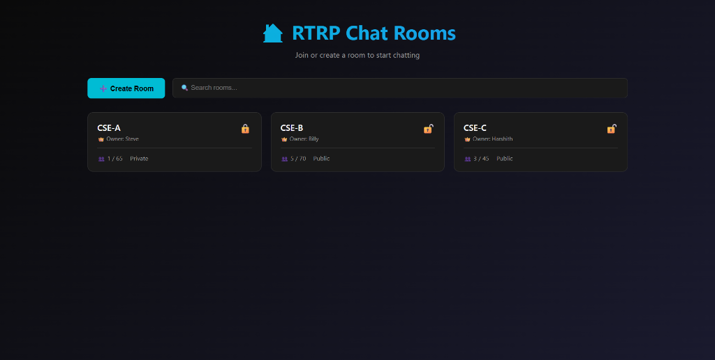 RTRP Chat Rooms web interface showing active room presence isolation