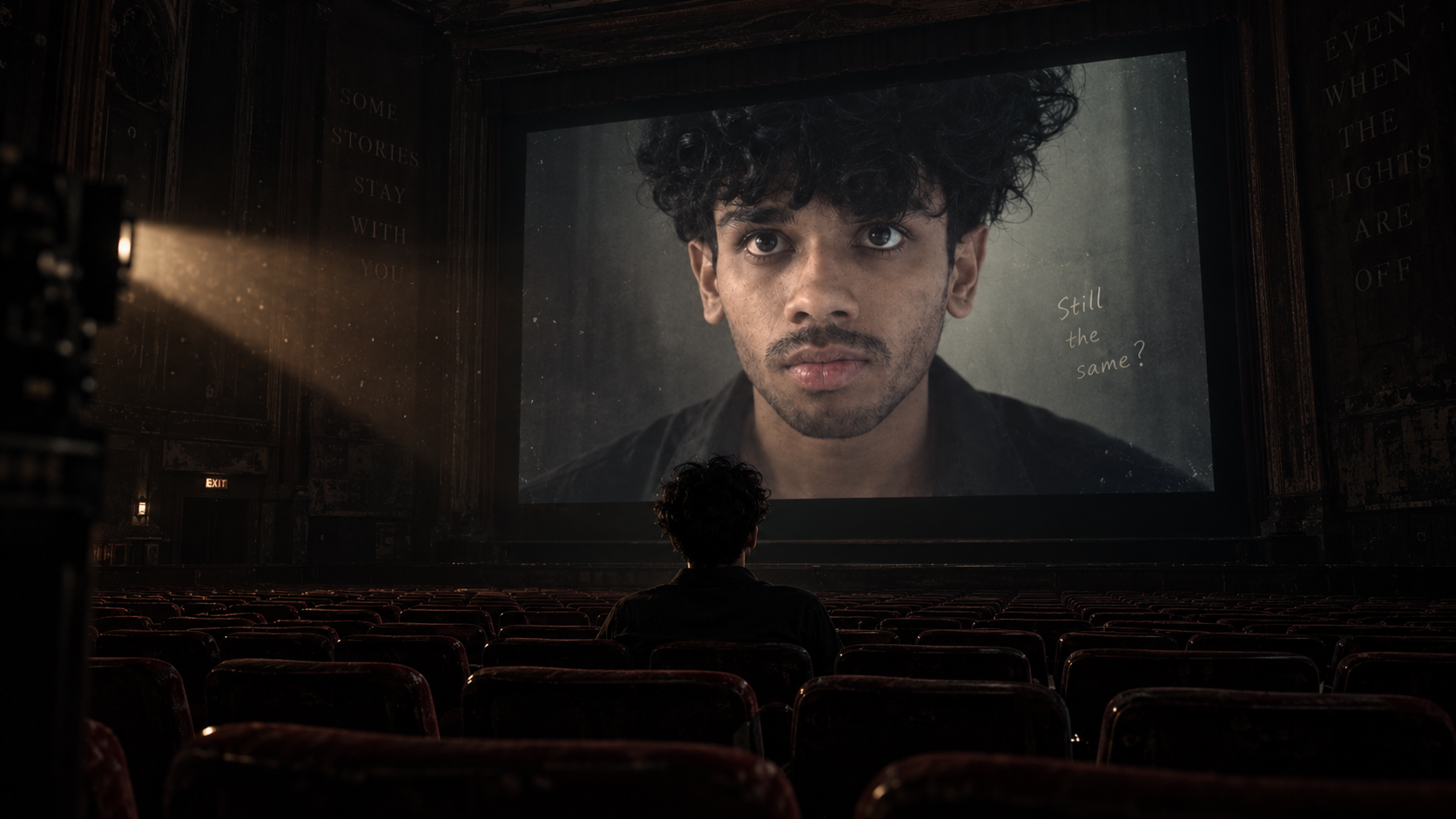 A cinematic movie theater looking toward an immense silver screen
