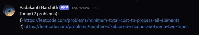 Discord message showing automated nightly LeetCode problem dispatch by Padakanti Harshith bot at 22:15