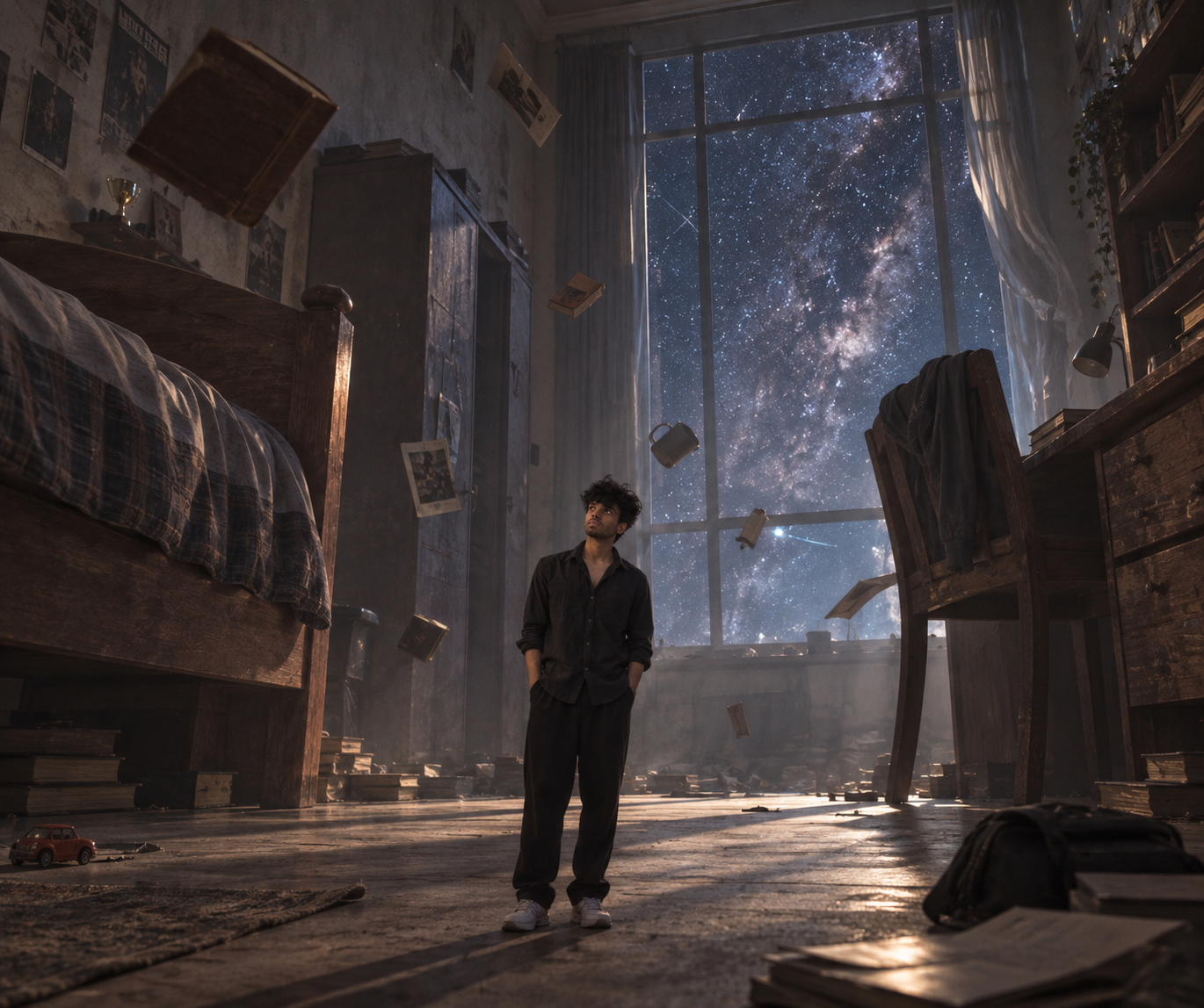A towering room with floating books and an infinite galaxy through the window