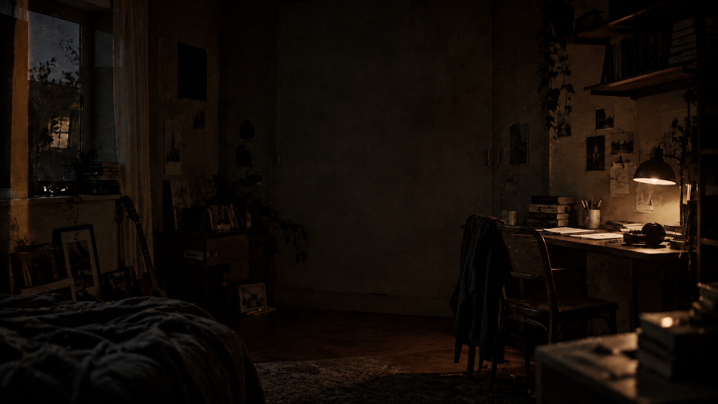 Dim bedroom and study desk at night