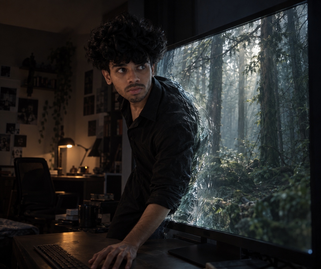 Harshith stepping out of the computer monitor from a sunlit forest into the nocturnal room